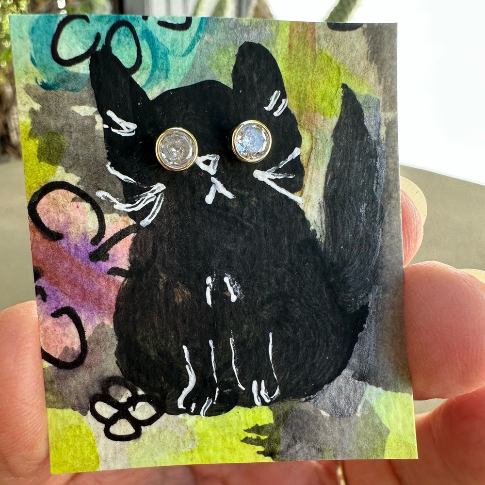 One of a kind, handmade art  black cat with crystal stud earring eyes